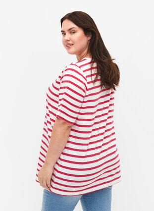 T-shirt rayé en coton biologique, Bright Rose Stripes, Model image number 1