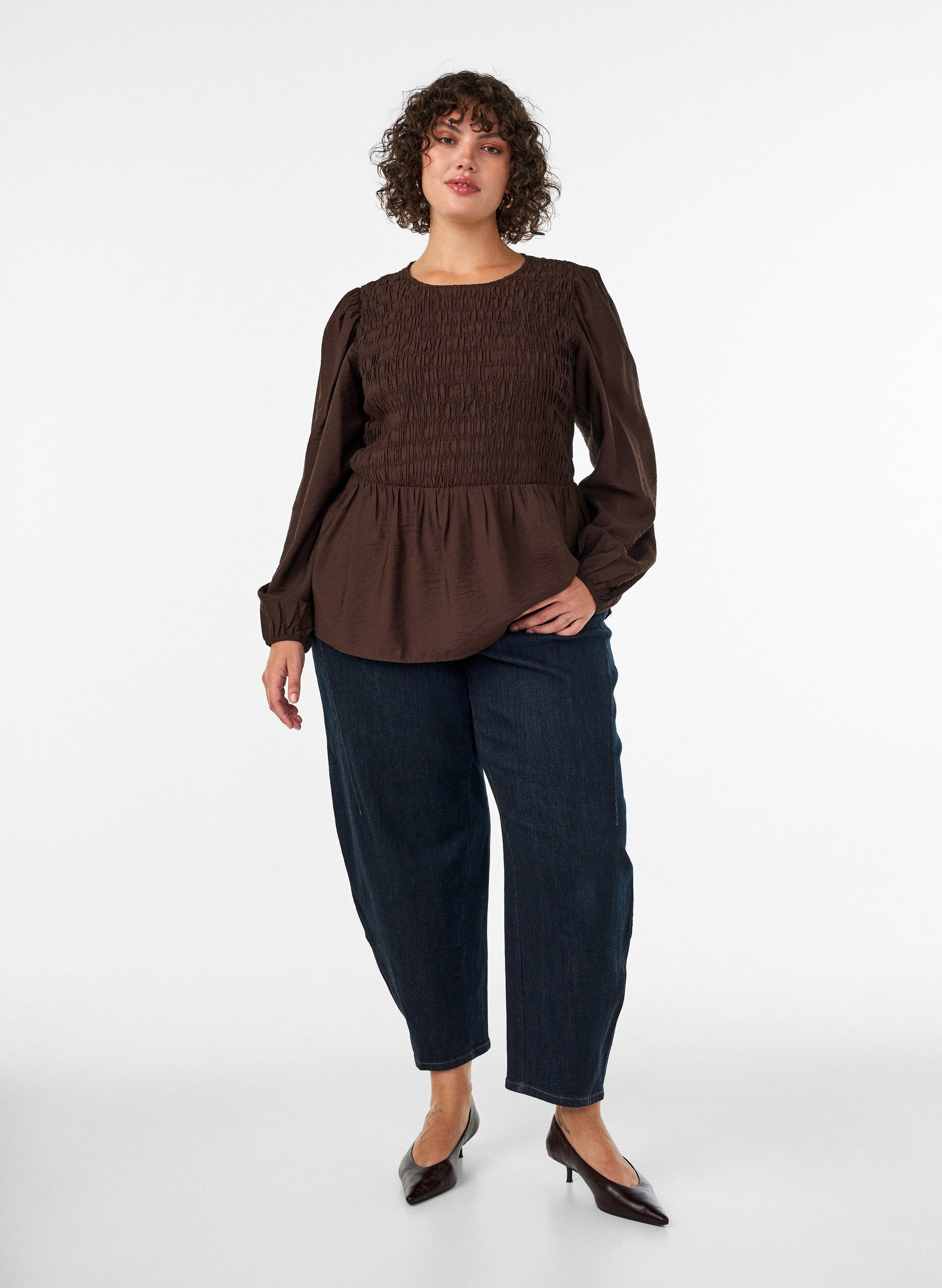 ZizziBlouse met smock en lange mouwen, Bruin, Model image number 1