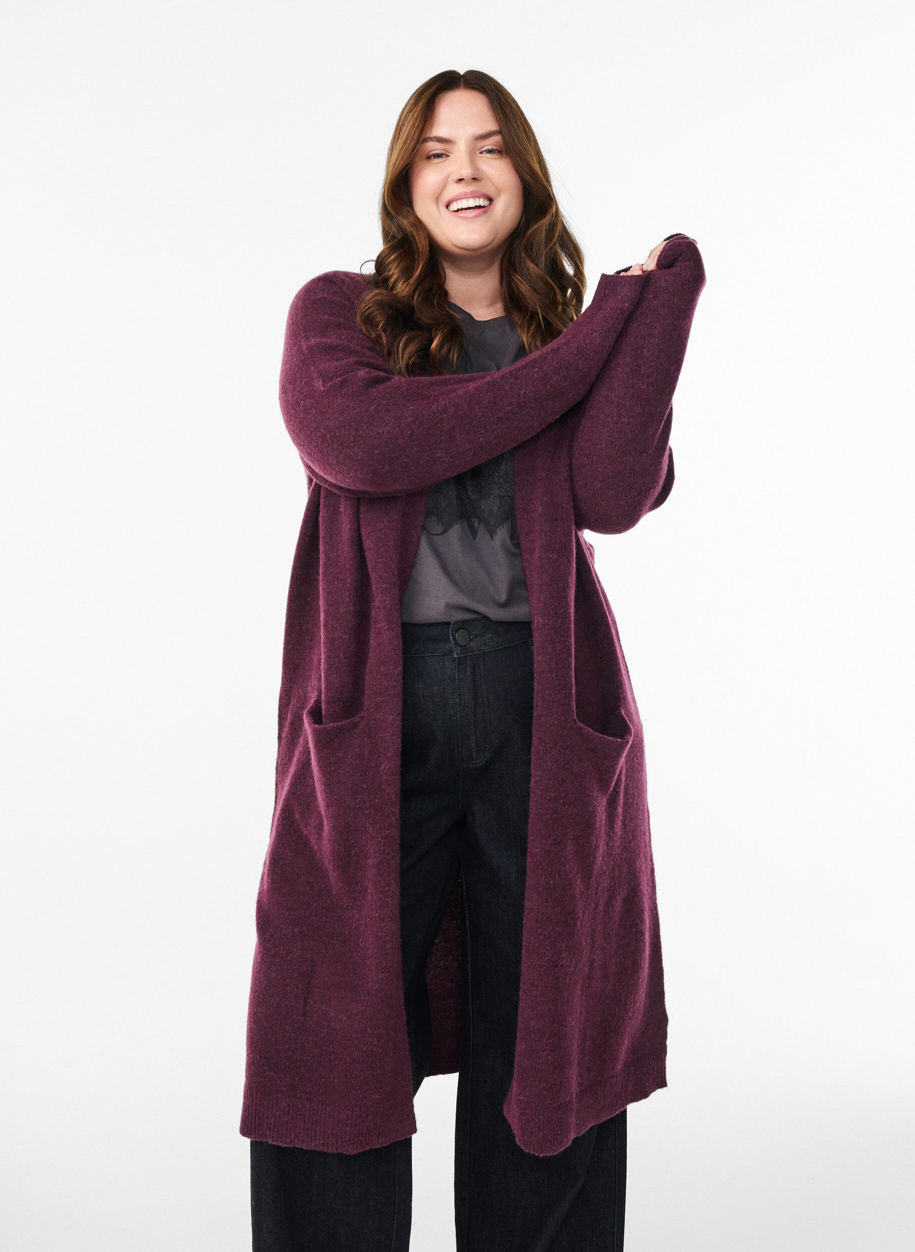 Zizzi Cardigan long en laine et alpaga, Bordeaux, Model image number 2