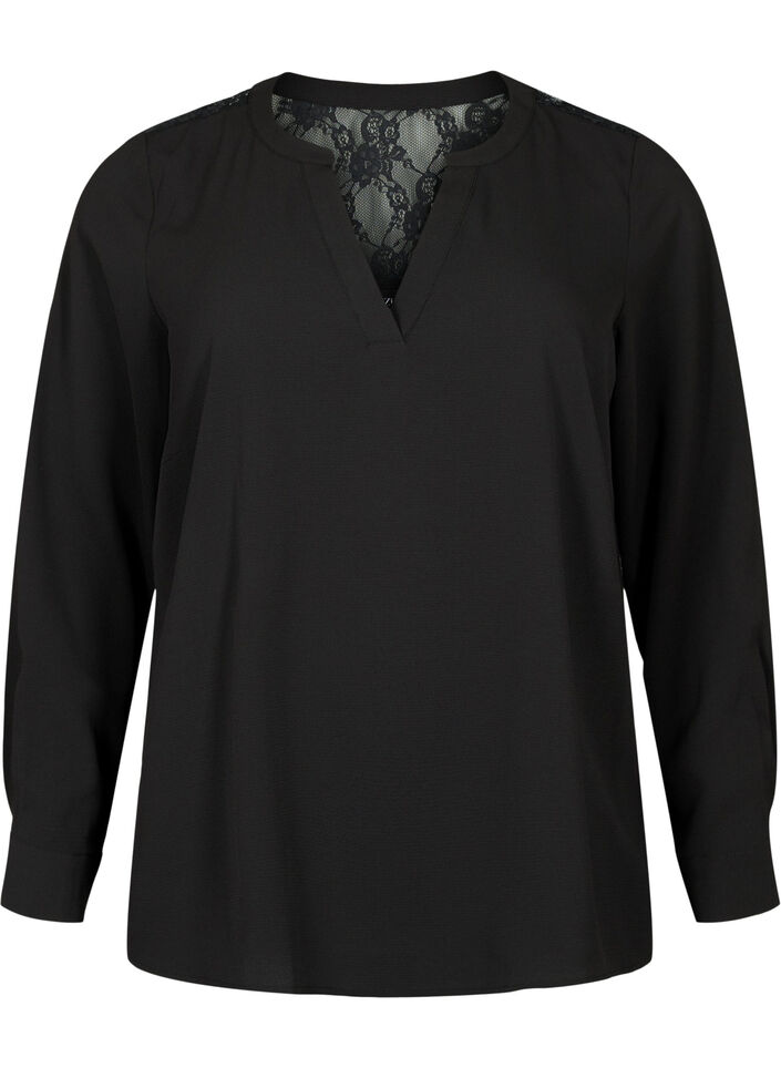 Blouse met lange mouwen en kanten detail , Black, Packshot image number 0