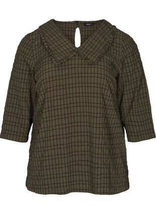 Geruite blouse met 3/4-mouwen en kraag met ruches, Ivy Green Check, Packshot image number 0
