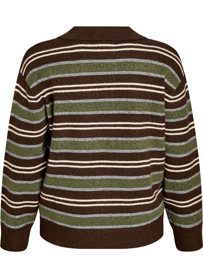 Gebreide blouse met strepen en polokraag, Bruin, Packshot