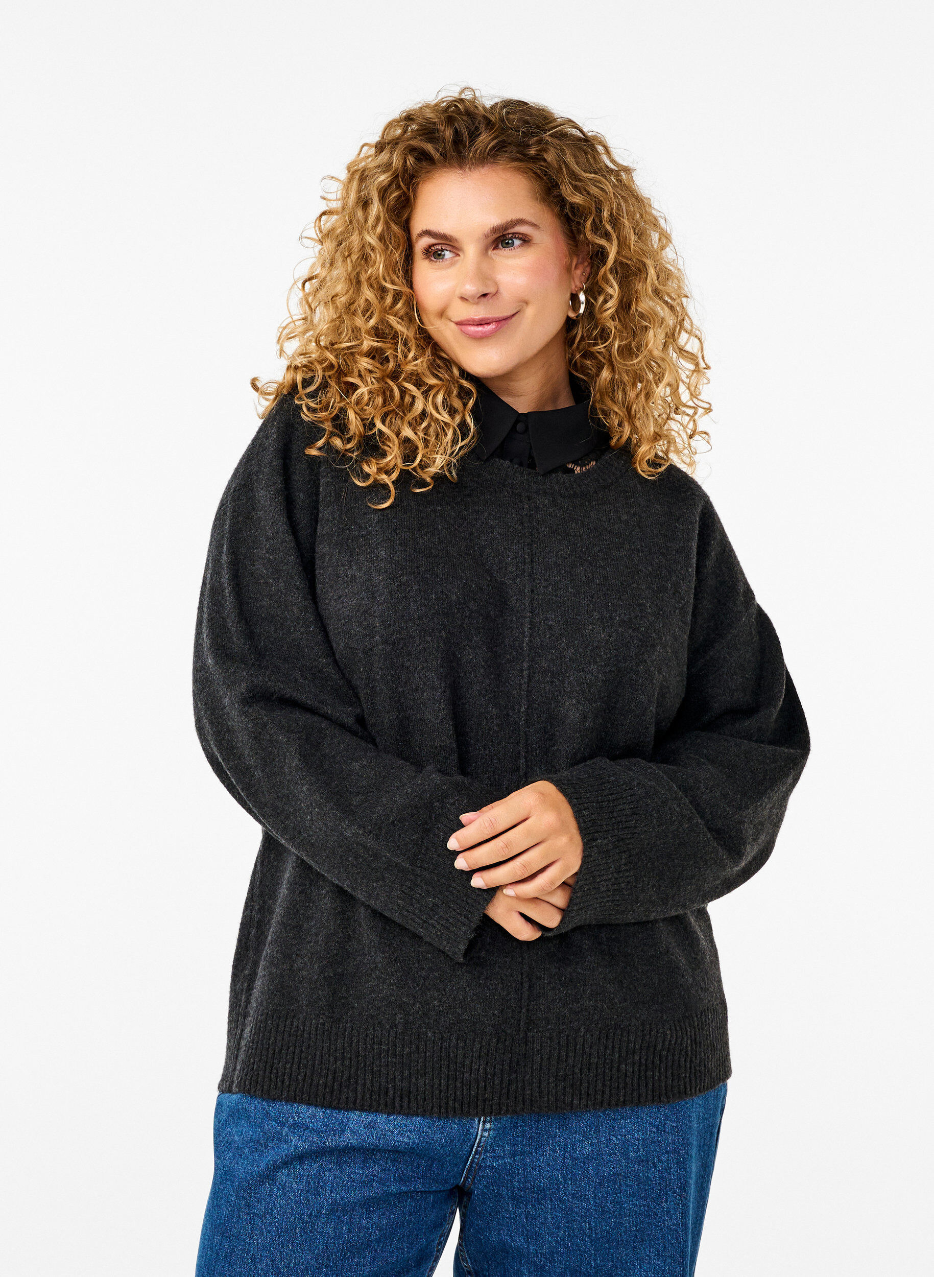 Zizzi Chemisier en maille &agrave; col rond et couture centrale, Dark Grey Melange, Model image number 0