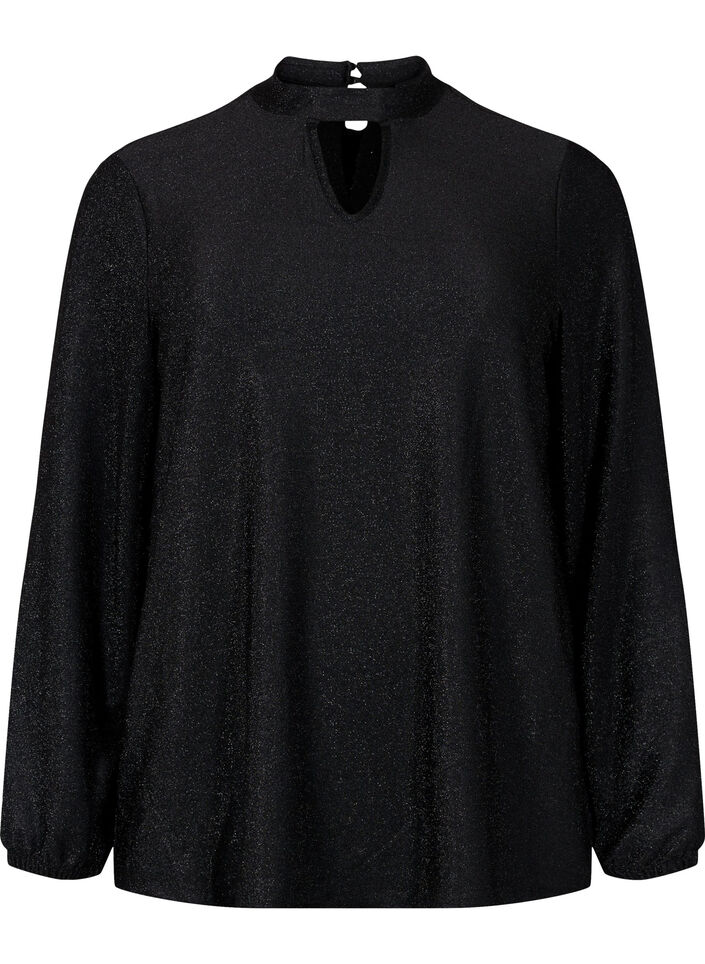 Blouse scintillante à manches longues avec décolleté arrondi et détail en V, Black Black, Packshot image number 0