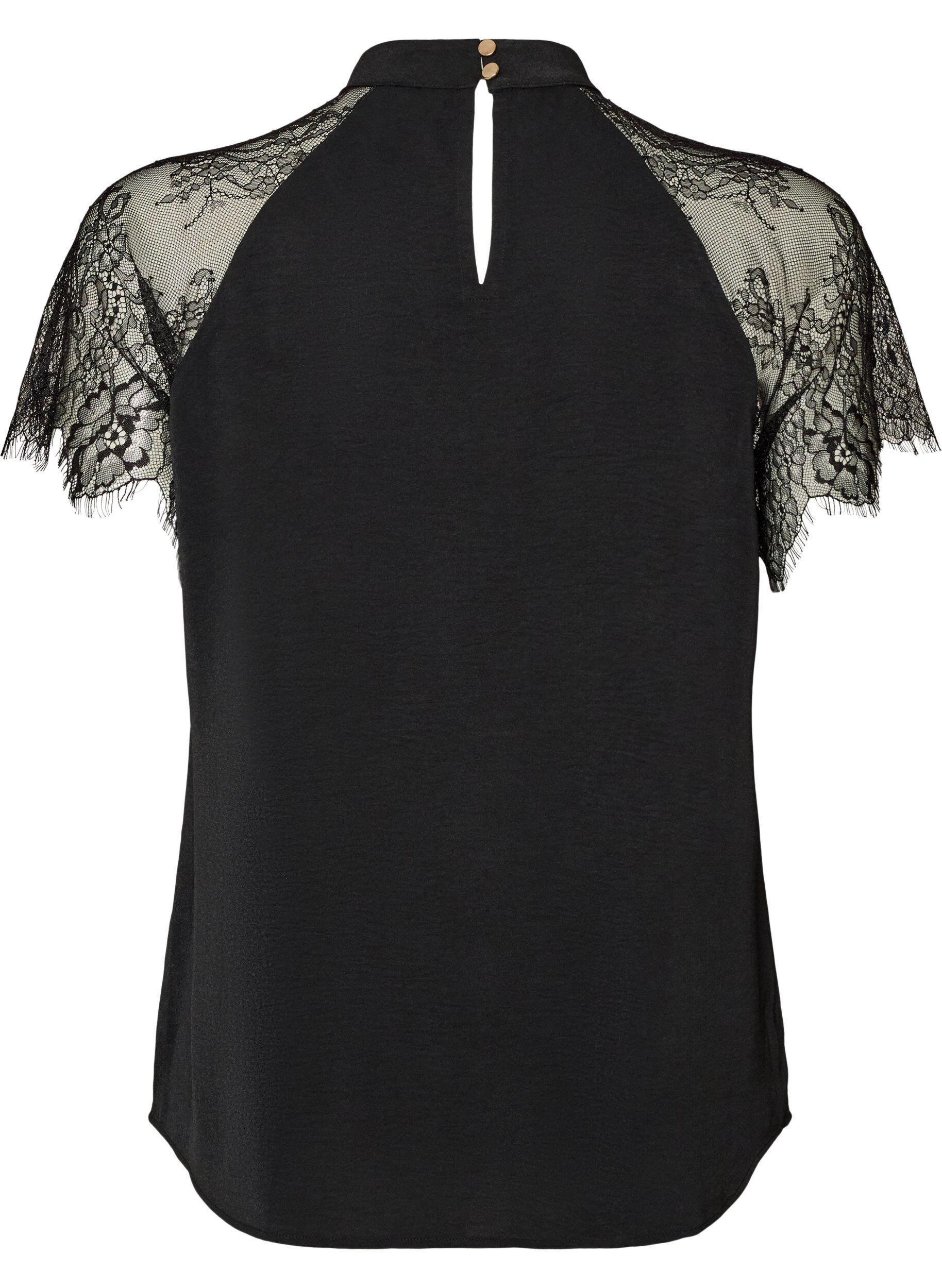 ZizziBlouse &agrave; col montant avec manches courtes en dentelle, Noir, Packshot image number 1