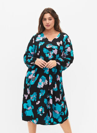 Viscose jurk met lange mouwen en print, Blue AOP, Model image number 0