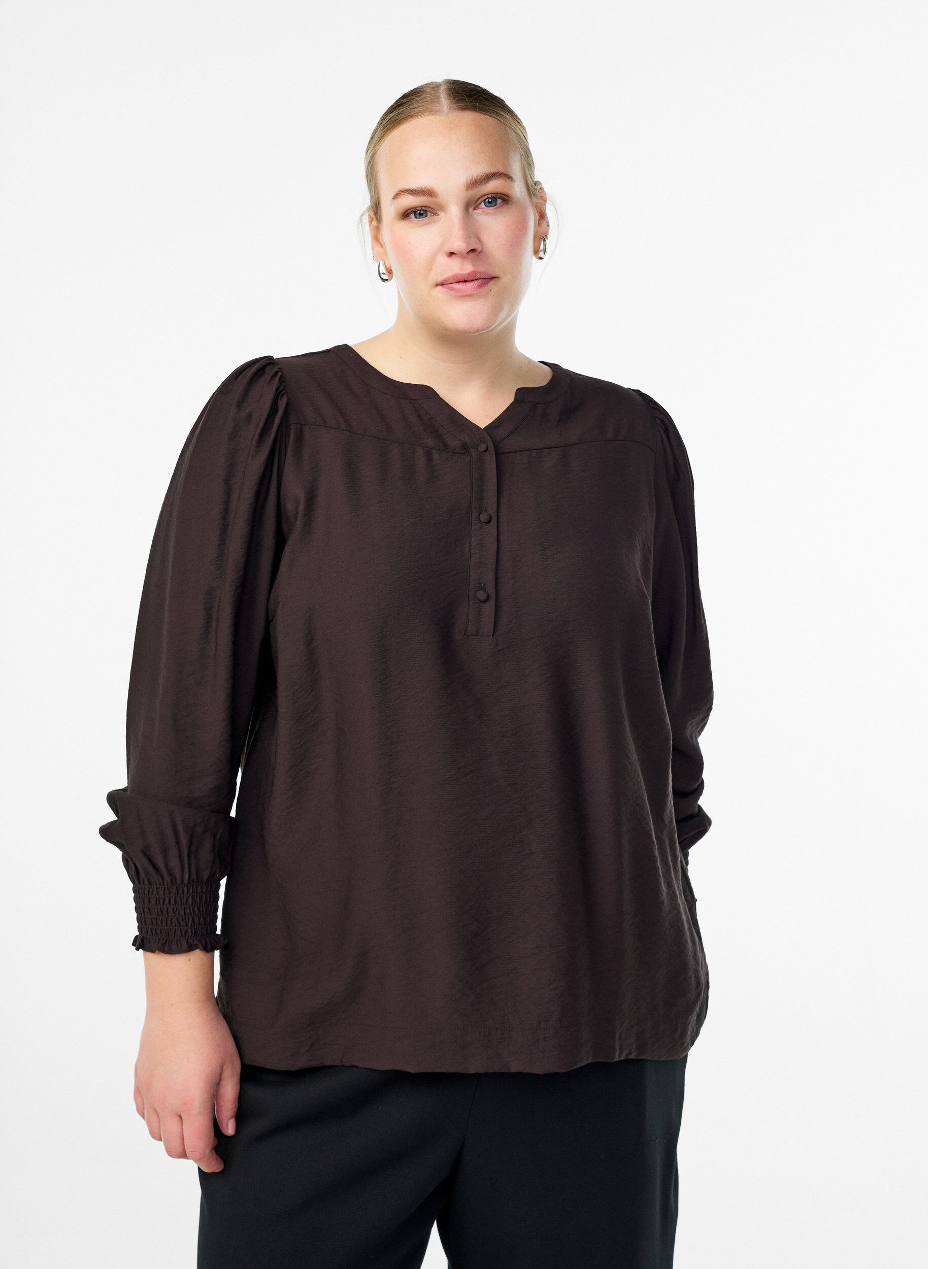 ZizziViscose blouse met smock en geplooide details, Bruin, Model image number 0