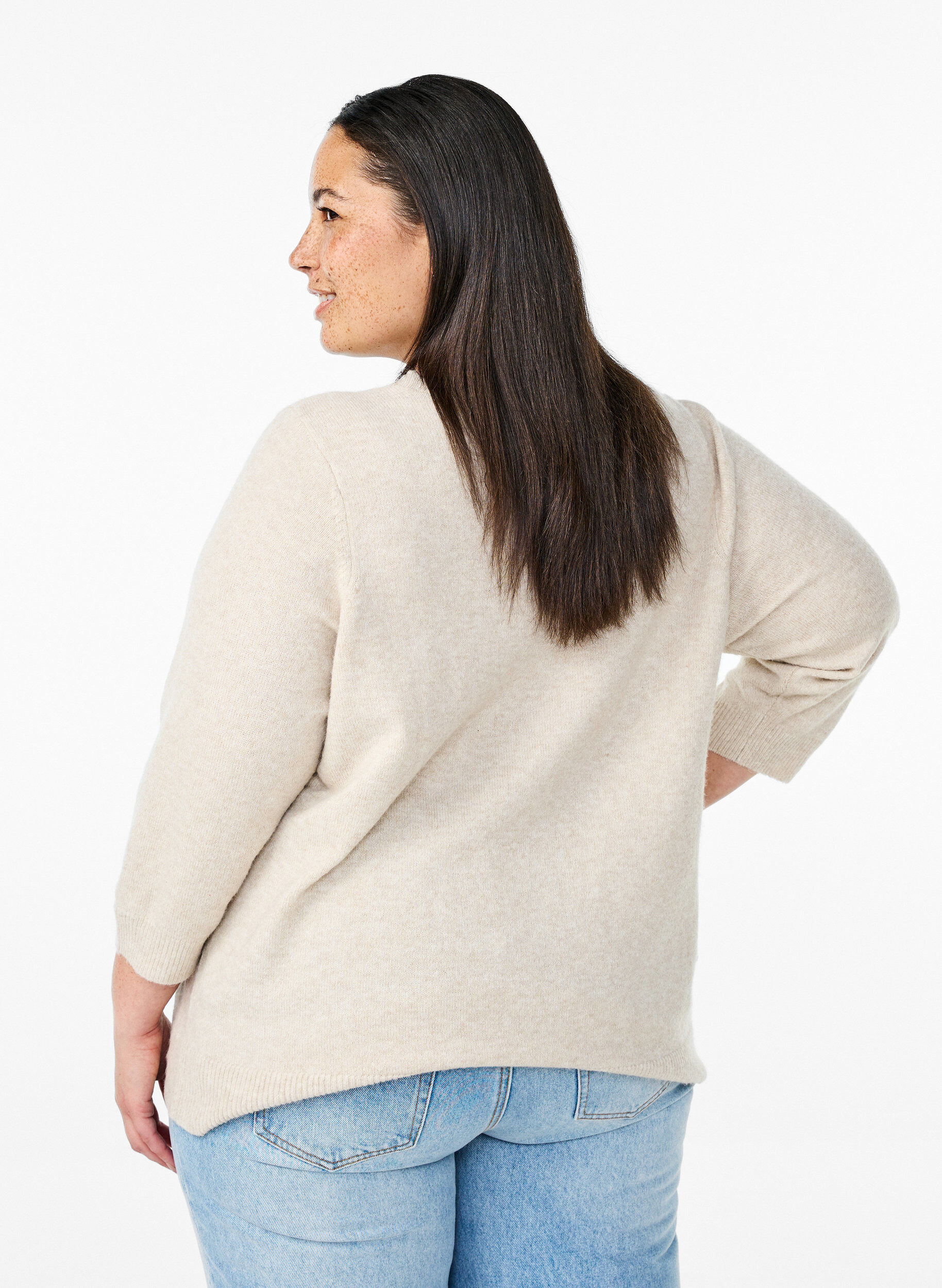 ZizziGebreide blouse met bloemen en 3/4 mouwen, Pumice Stone Mel., Model image number 1