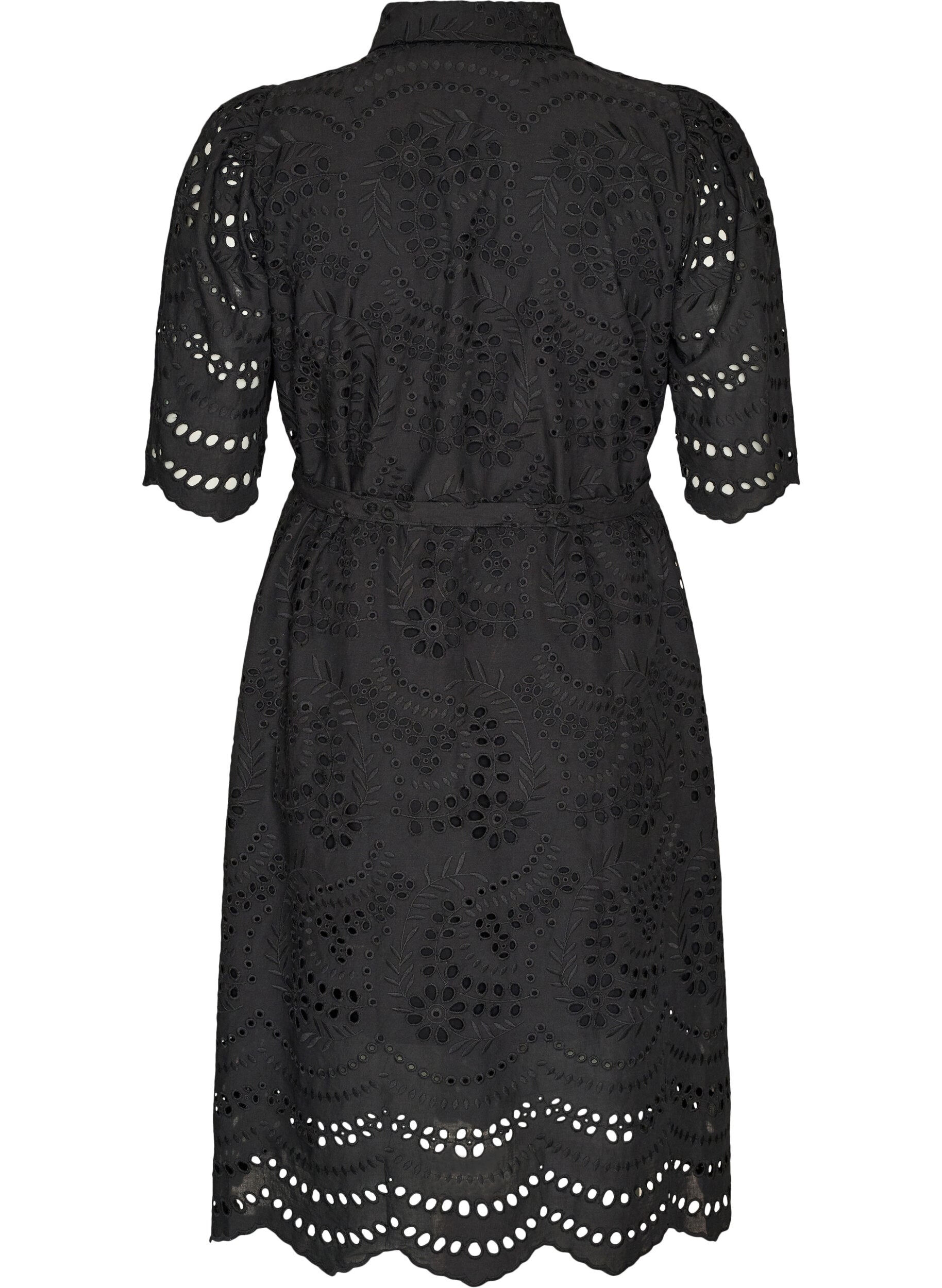 ZizziBlousejurk in broderie anglaise met strikceintuur, Zwart, Packshot image number 1