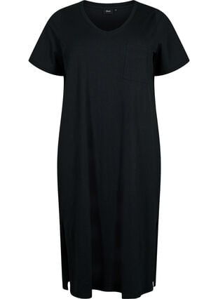 Katoenen jurk met korte mouwen en split, Black, Packshot image number 0