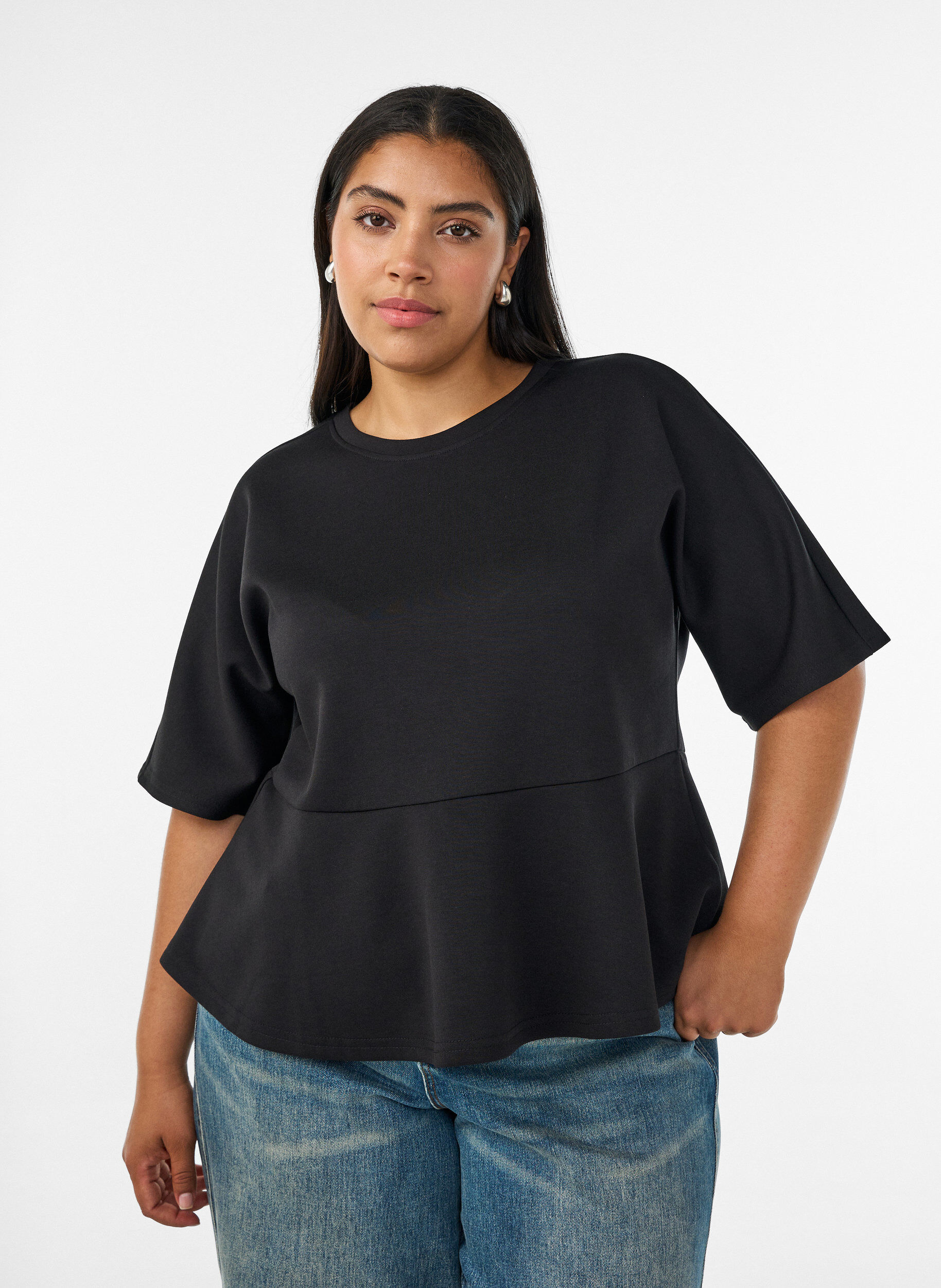Peplum blouse met ellebooglange mouwen, Zwart, Model