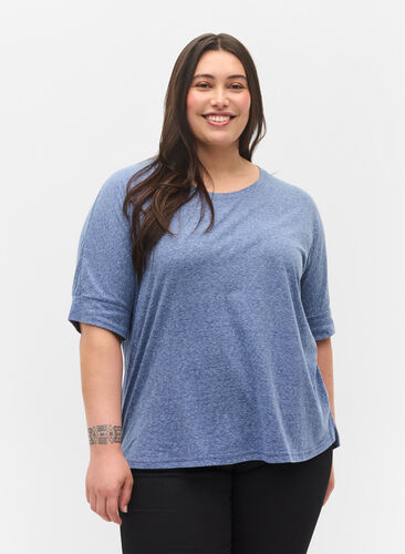 Gemêleerde blouse met korte mouwen, Twilight Blue Mel., Model image number 0