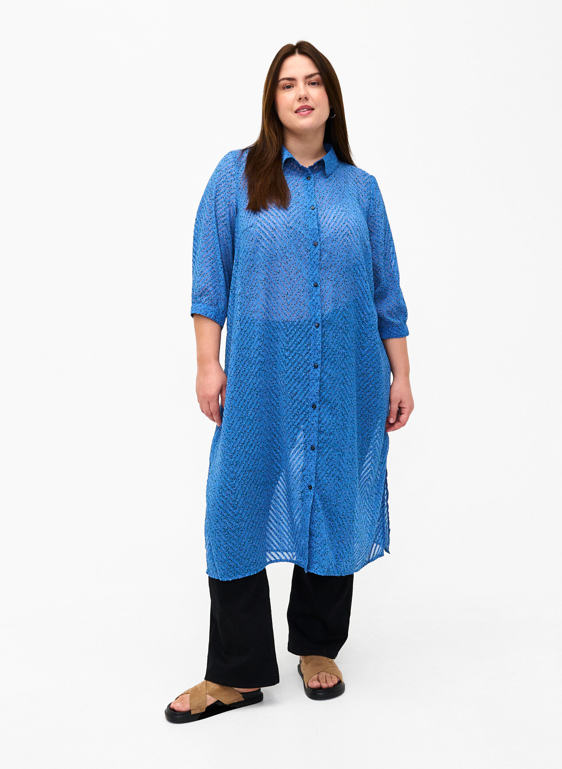 ZizziGestippelde overhemdjurk met 3/4-mouwen en split, Riverside Dot, Model image number 0