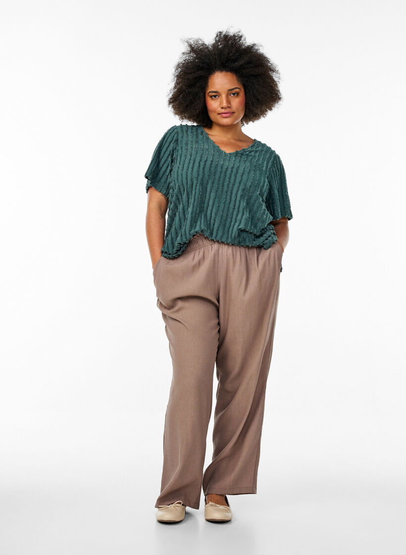 Chemisier à manches courtes et à texture rayée, Vert, Model image number 1