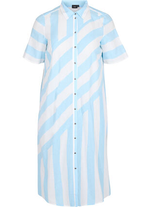 Robe chemise en coton à manches courtes avec rayures, Blue Bell Stripe, Packshot image number 0