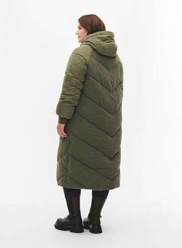 Veste d'hiver longue à capuche avec blocs de couleurs, Forest Night Comb, Model image number 1