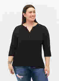 Katoenen blouse met 3/4-mouwen, Black, Model