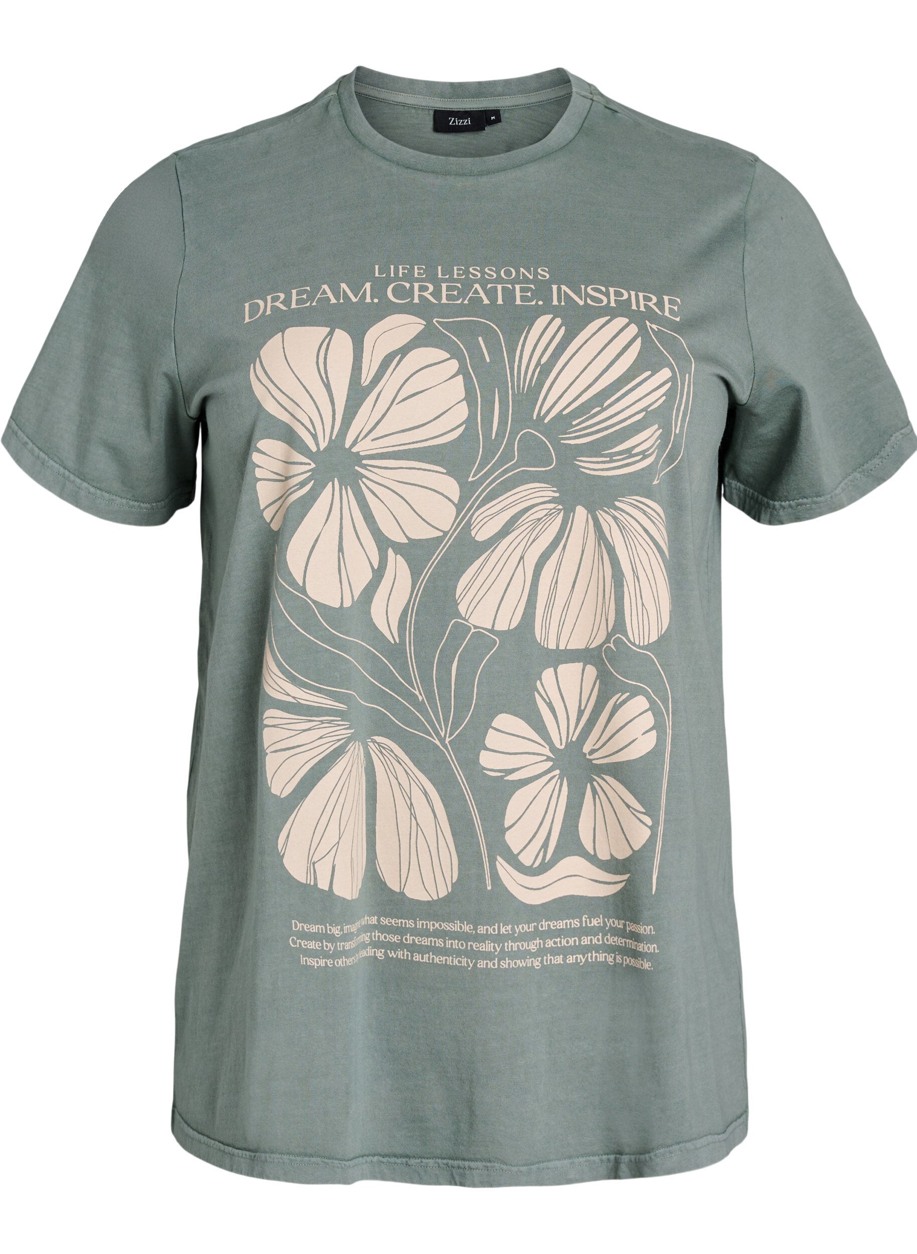 ZizziT-shirt met tekst en bloemenprint van biologisch katoen, Groen, Packshot image number 0