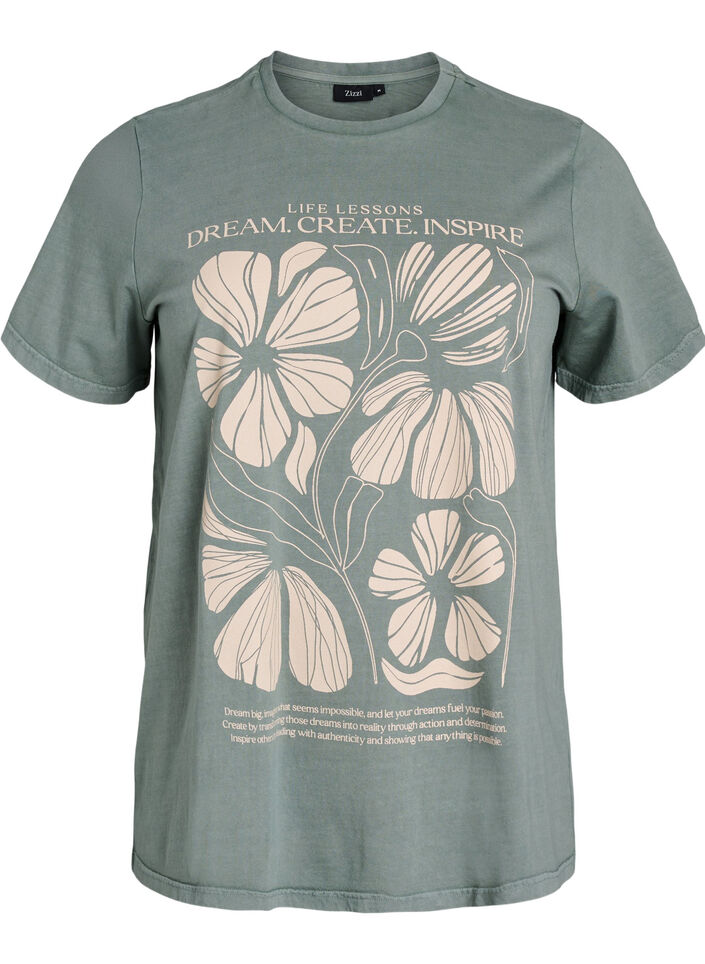 T-shirt met tekst en bloemenprint van biologisch katoen, Groen, Packshot image number 0