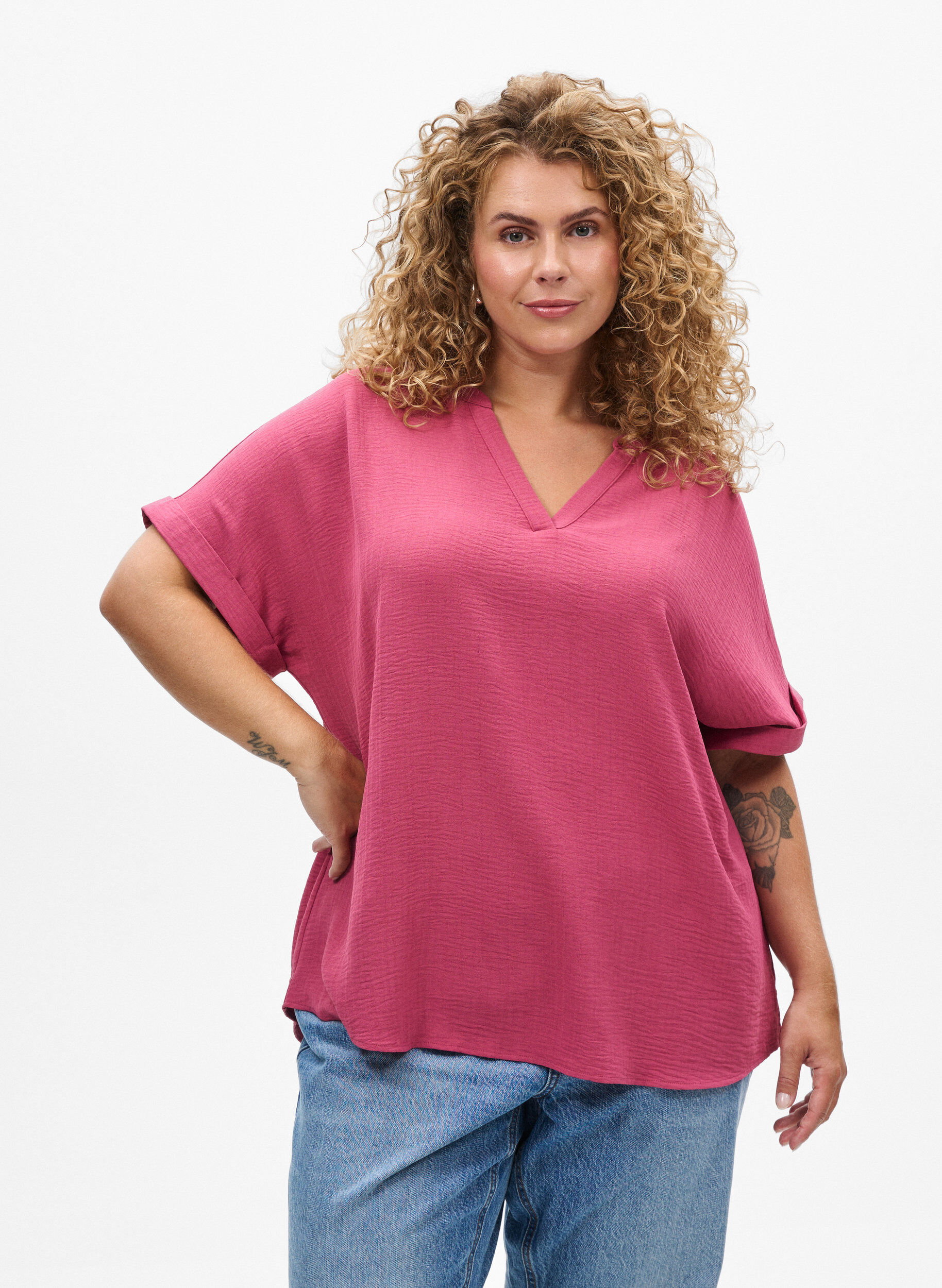 Luchtige blouse met korte mouwen, Rood, Model