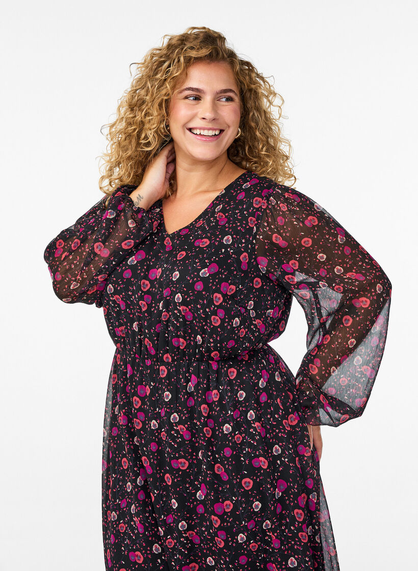 Chiffon jurk met bloemenprint en lange mouwen, Zwart, Model image number 2