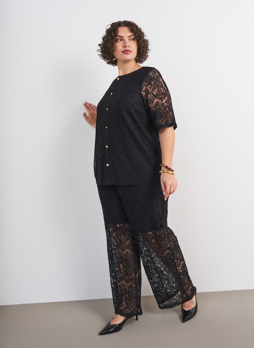 Kanten broek met rechte pijpen en een binnenbroekje, Zwart, Model image number 0