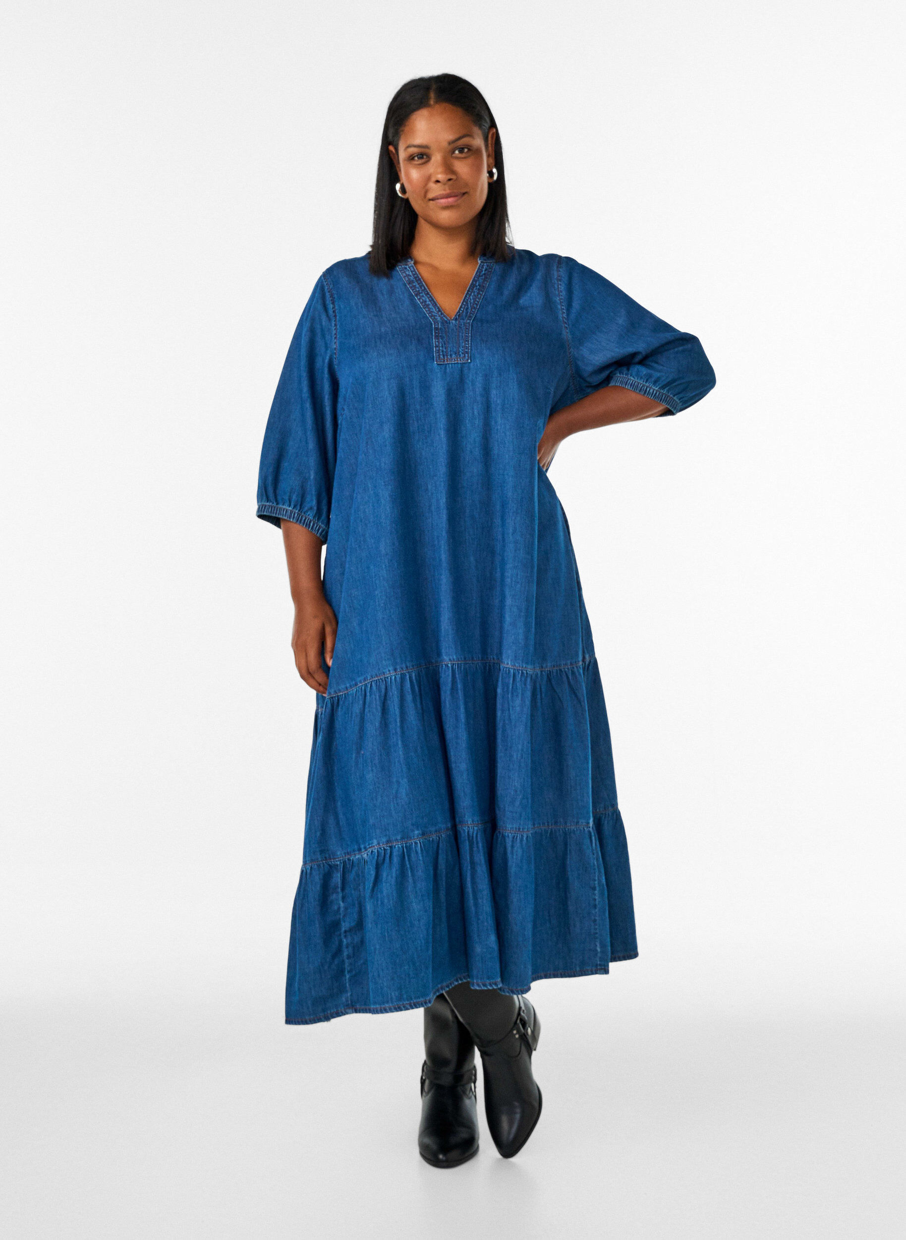 ZizziDenim maxi-jurk met gerimpelde lagen, Blauw, Model image number 0