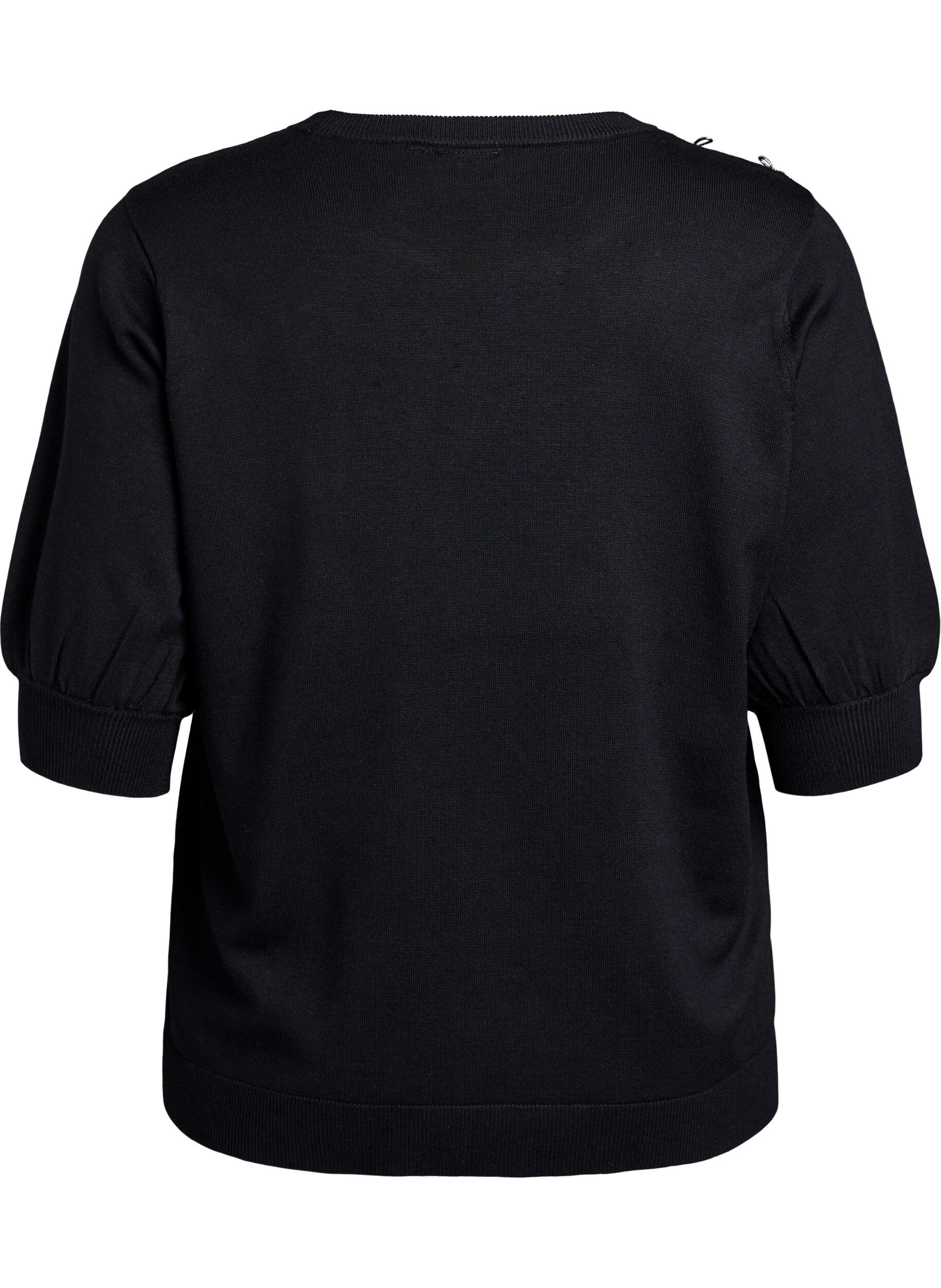 ZizziGebreide blouse met korte mouwen en kleine strikken, Zwart, Packshot image number 1