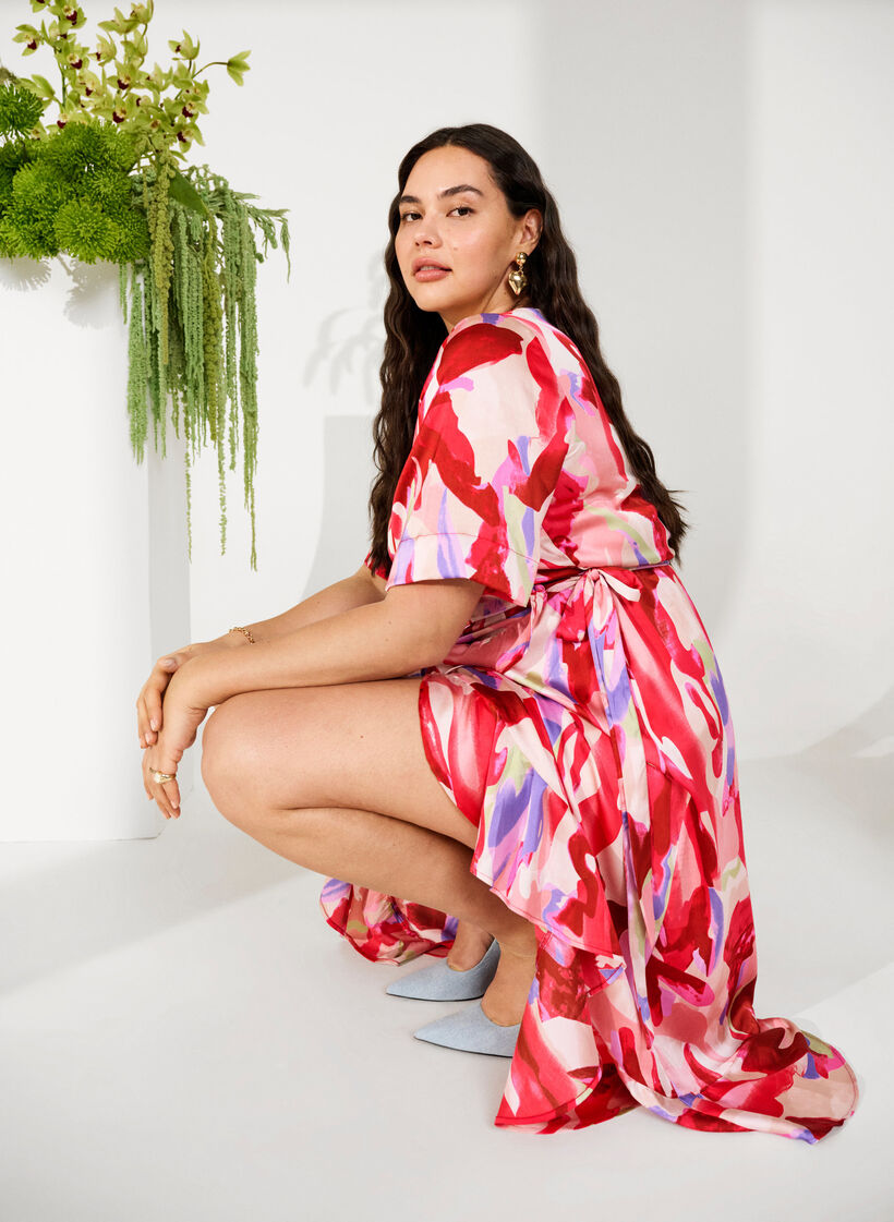 Satijnen wikkeljurk met print, Geranium Graphic AOP, Image image number 0