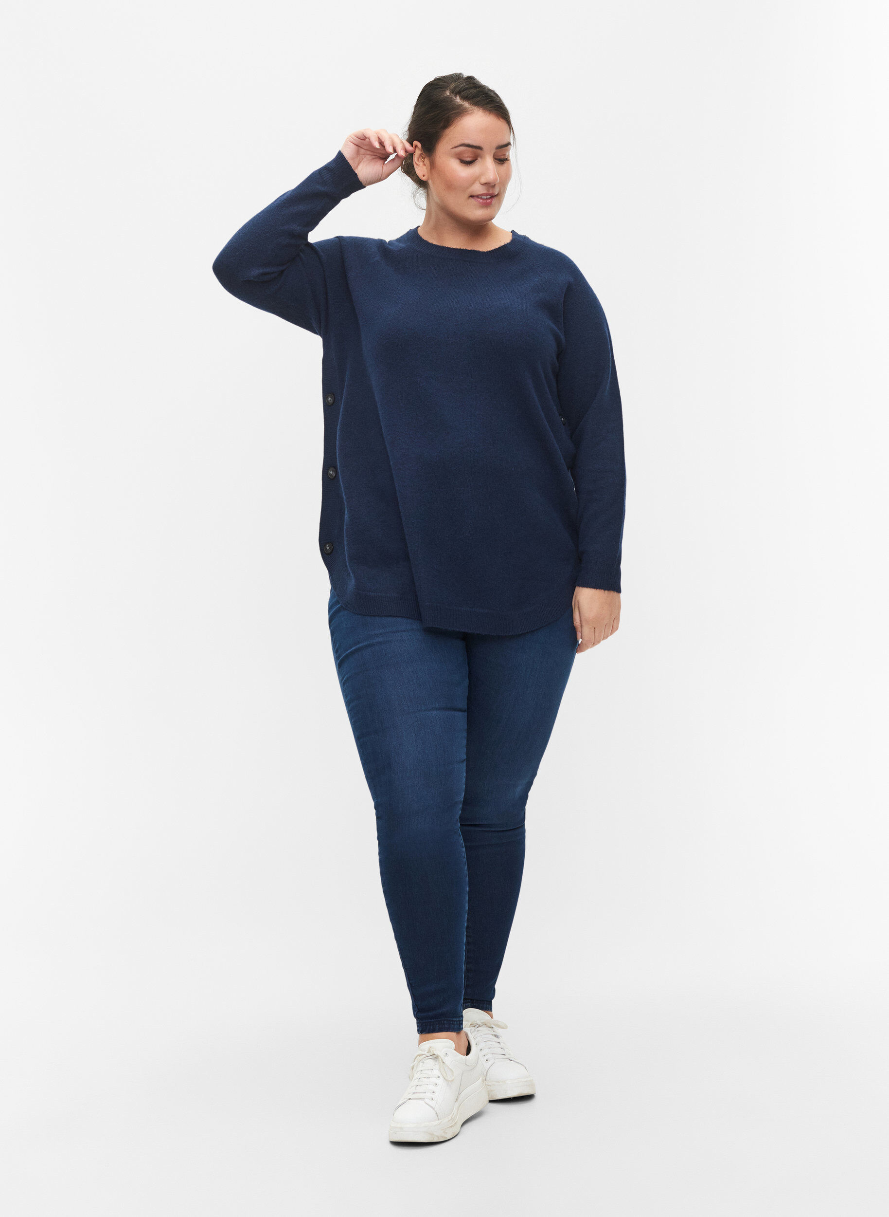 ZizziGem&ecirc;leerde gebreide blouse met knopen, Navy Blazer Mel., Model image number 3