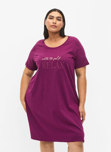 Chemise de nuit à manches courtes en coton biologique , Dark Purple Relax, Model image number 0