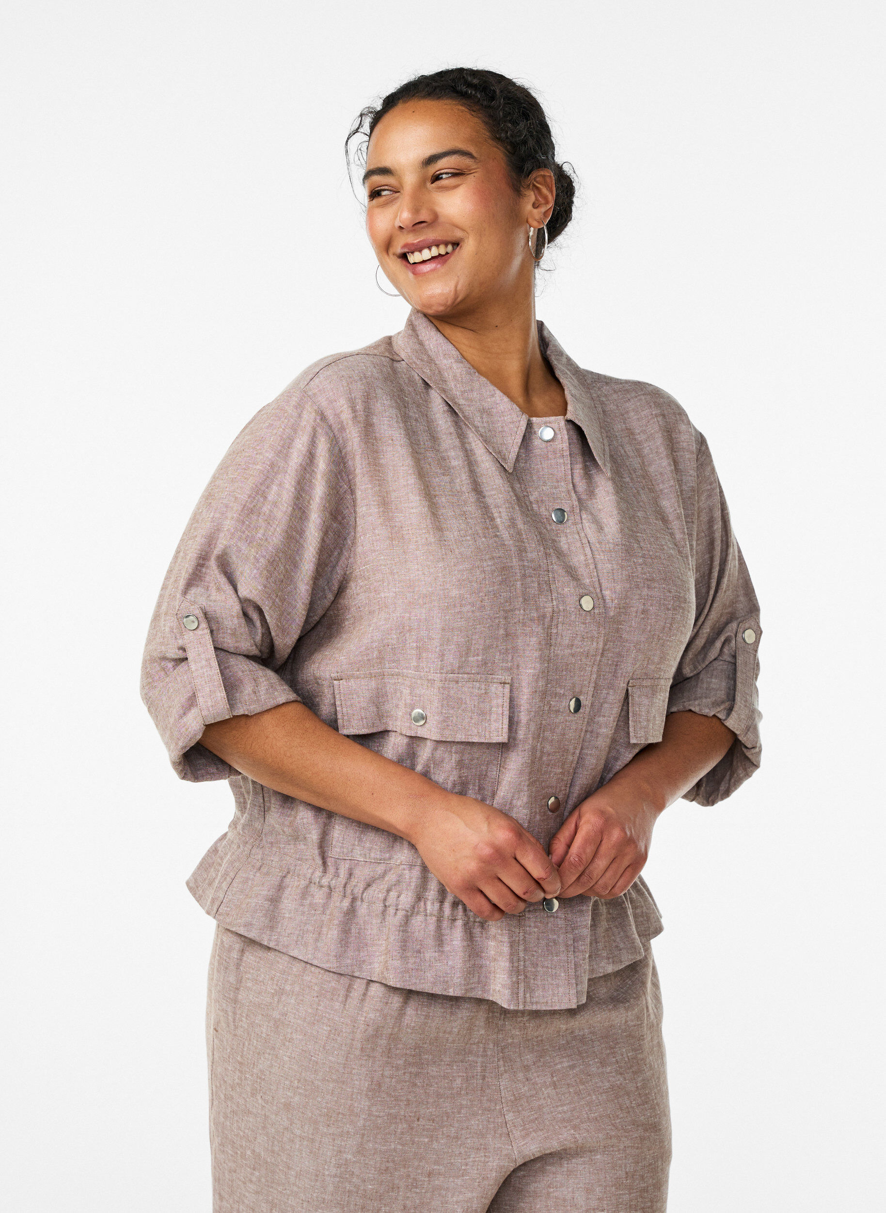 Zizzi Chemisier en lin et viscose avec une taille ajustable, Marron, Model image number 0