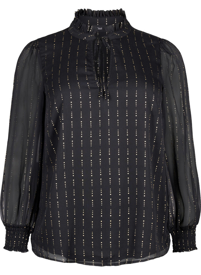 Gestreepte chiffon blouse met strikjes, Black, Packshot image number 0