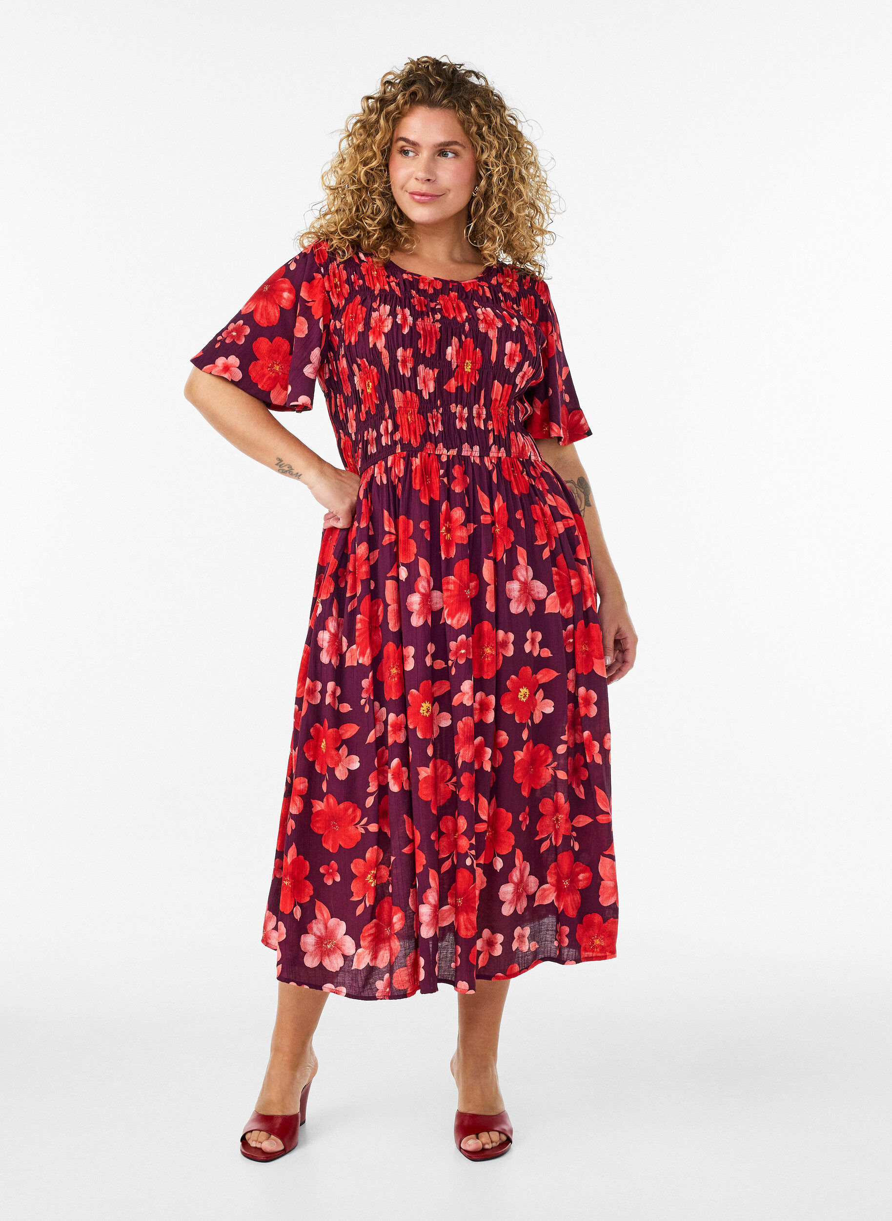 Jurk met smokwerk en bloemenprint, Paars, Model