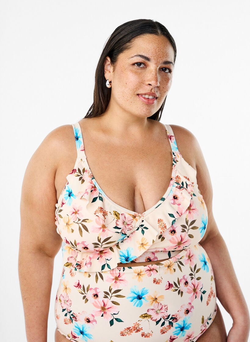 Haut de bikini &agrave; fleurs et &agrave; d&eacute;tails de jabot, Beige, Model image number 0