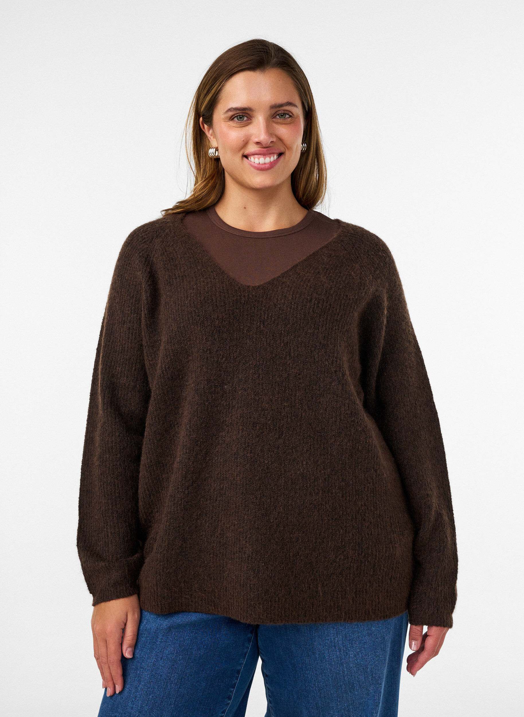 ZizziBlouse en maille avec col en V et manches raglan, Marron, Model image number 0