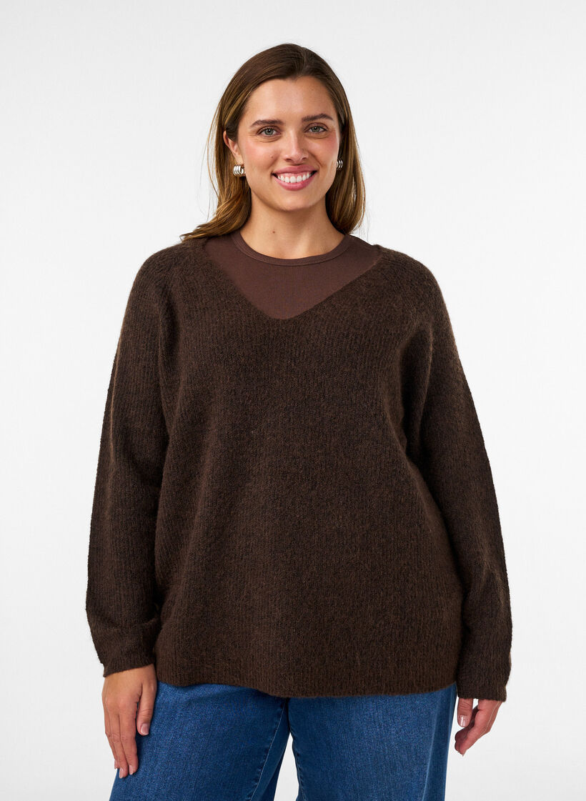 Blouse en maille avec col en V et manches raglan, Marron, Model image number 0