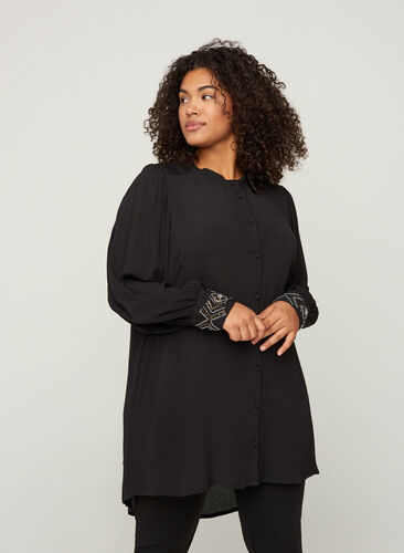 Lange viscose blouse met parels, Black, Model image number 0