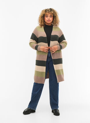 Cardigan long en tricot côtelé à rayures, Forest Night Comb, Model image number 2