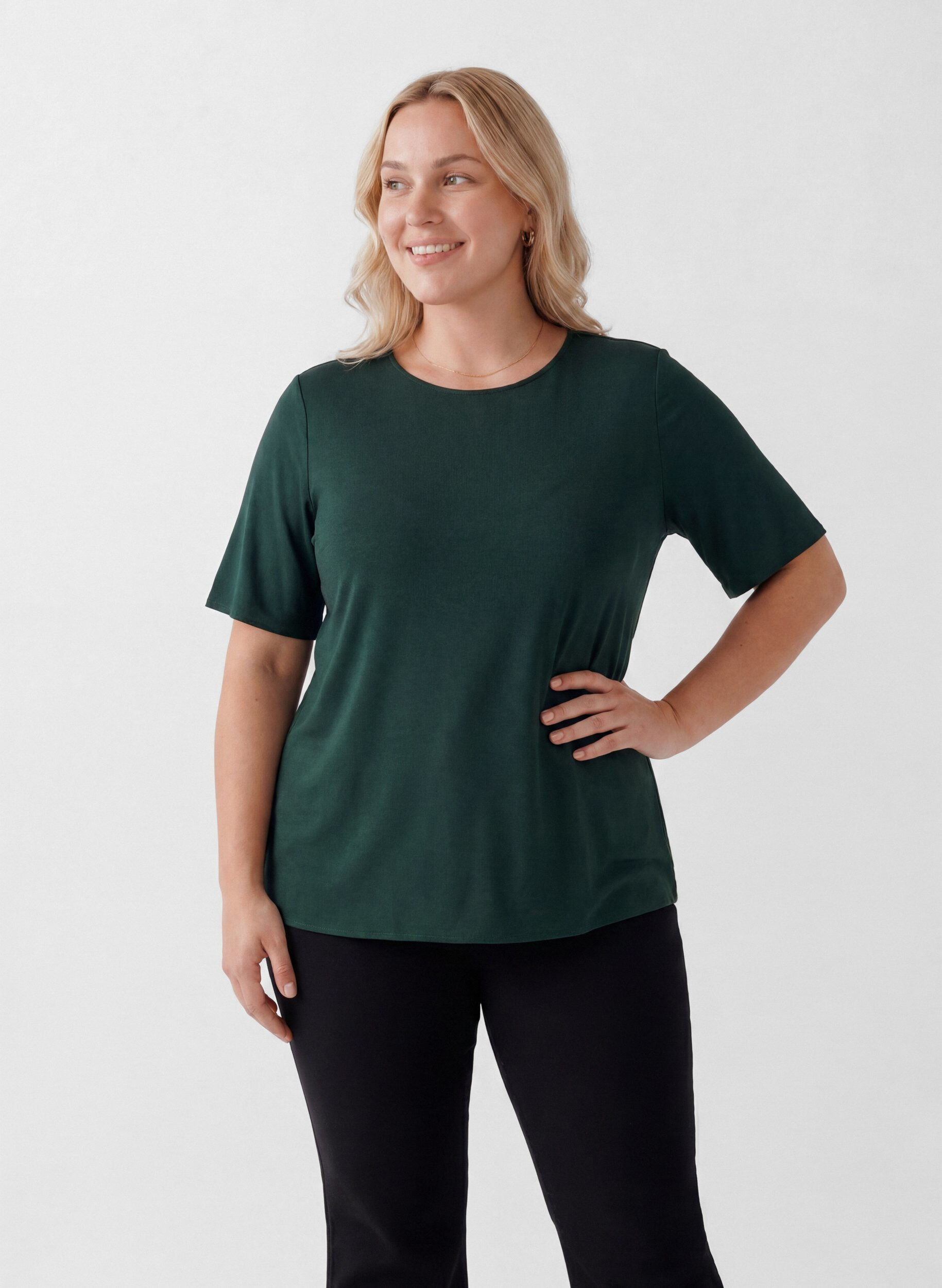 ZizziGeweven blouse met korte mouwen en ronde hals, Groen, Model image number 0