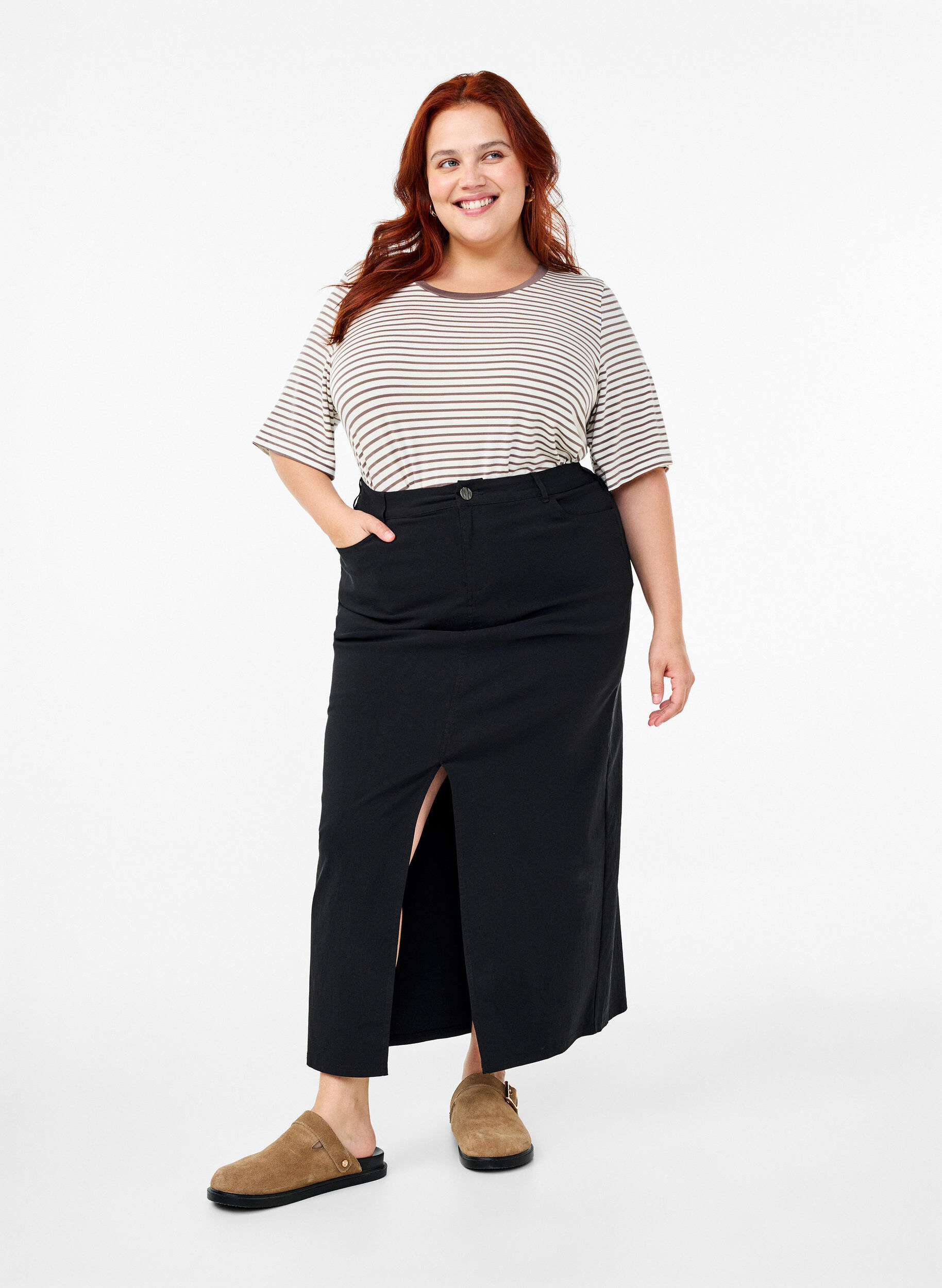 ZizziGestreept T-shirt van lyocell met ronde hals, Bruin, Model image number 1