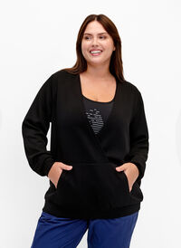 Sweatshirt avec col en V et poche, Black, Model