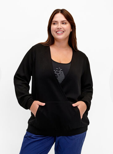 Sweatshirt avec col en V et poche, Black, Model image number 0