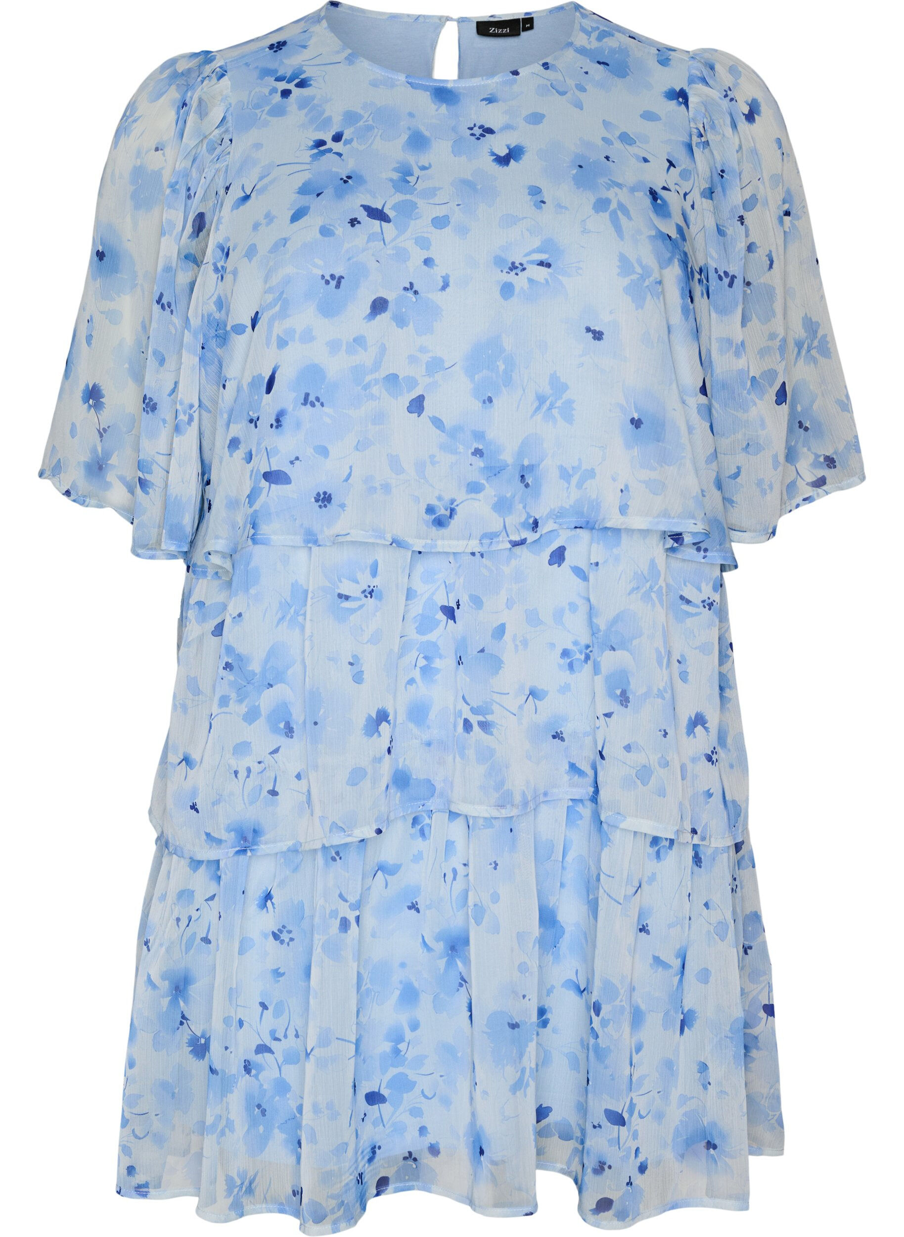 Zizzi Robe courte effet mousseline &agrave; imprim&eacute; floral et volants &eacute;tag&eacute;s, Bleu, Packshot image number 0