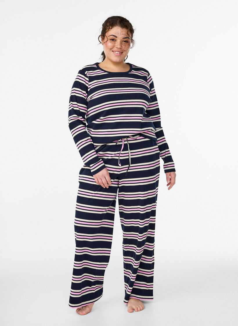 Nachtbovenstuk met lange mouwen in geribde jersey met strepen, Blauw, Model