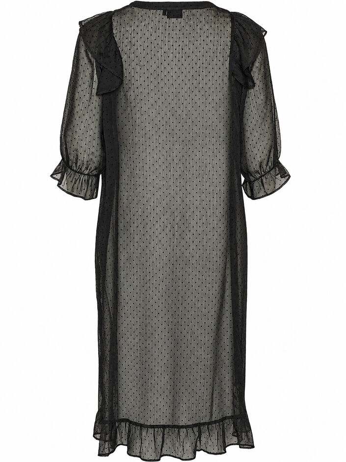Robe midi en tissu l&eacute;ger et vaporeux &agrave; pois, avec des volants, Noir, Packshot image number 1