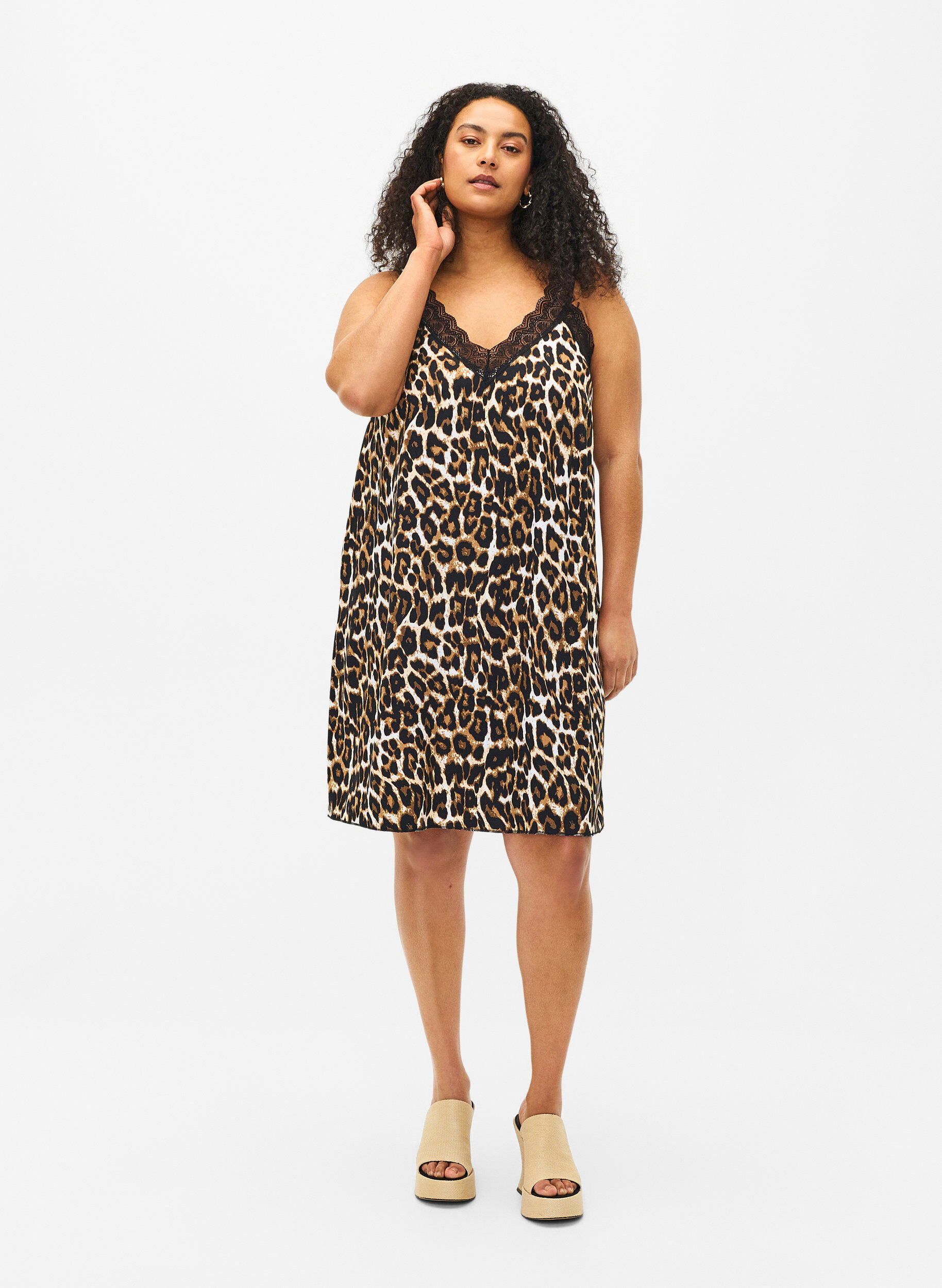 ZizziSpaghetti-jurk van viscose met kant, Leopard, Model image number 2