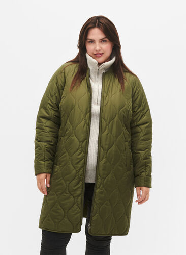 Lange gevoerde jas met zakken en rits, Winter Moss, Model image number 0