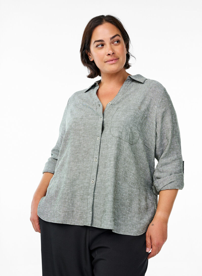 Linnen en viscose shirt met 3/4 mouwen, Groen, Model image number 0