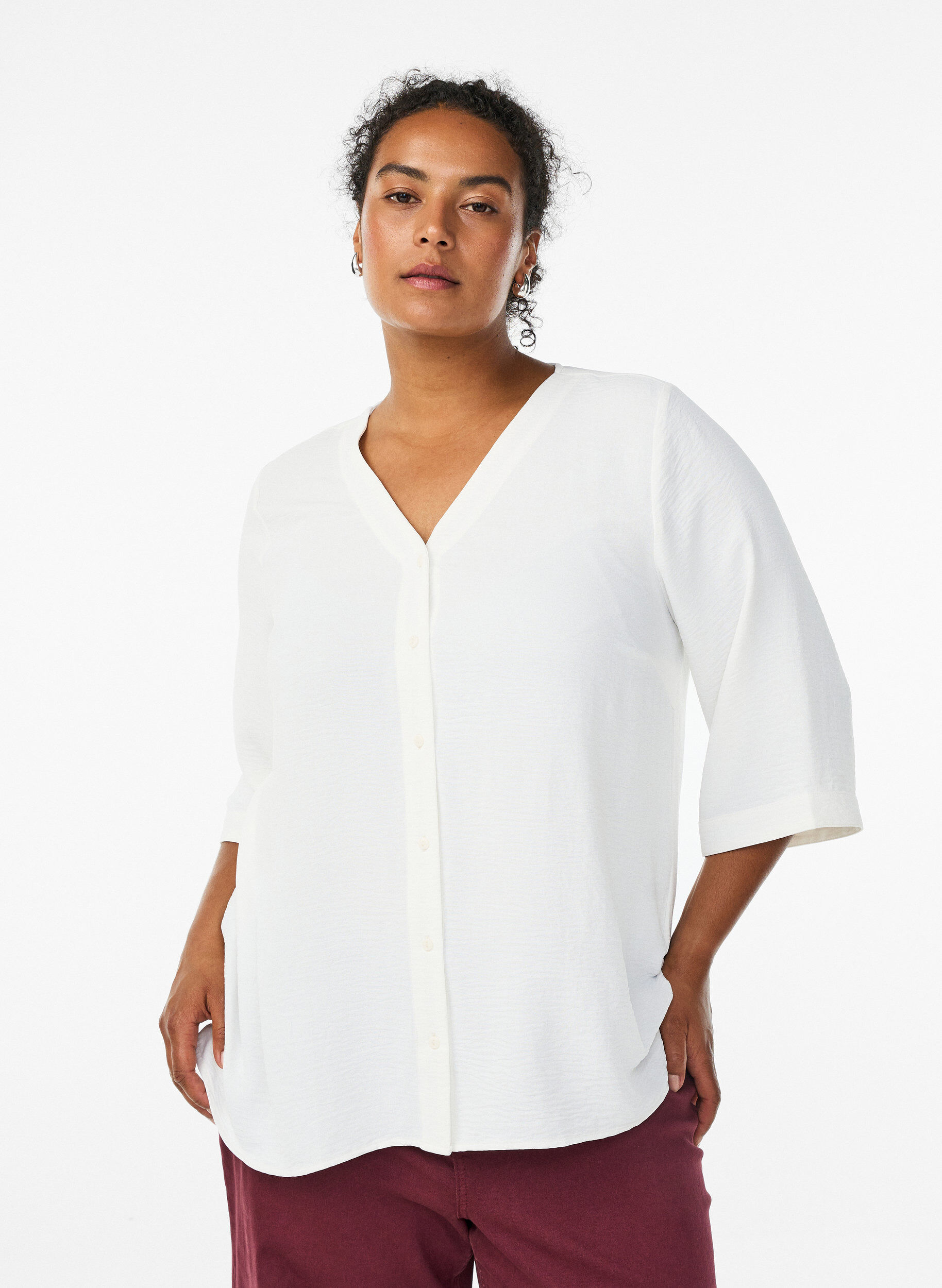 ZizziShirtblouse met V-hals en 3/4 mouwen, Vanille, Model image number 0